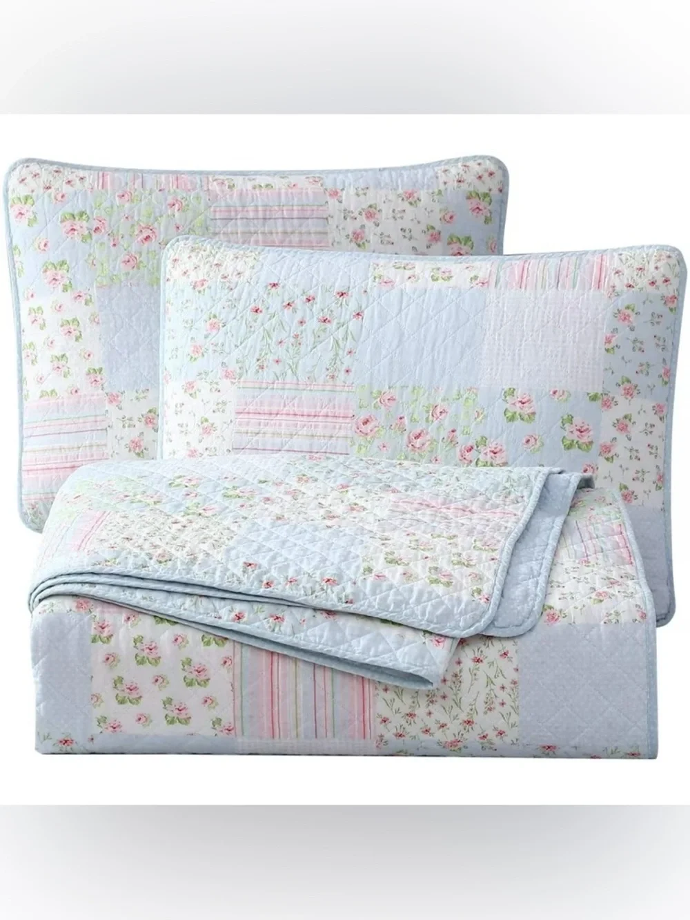 Quilted Pastel Floral Full 3 piece Bedspread Set